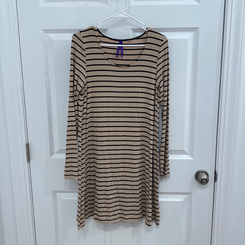 Tan t-shirt dress with black stripes. Size 6.